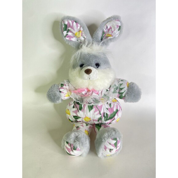 Bunny Rabbit Easter Gray Plush Stuffed Toy Daisies VTG Yang...
